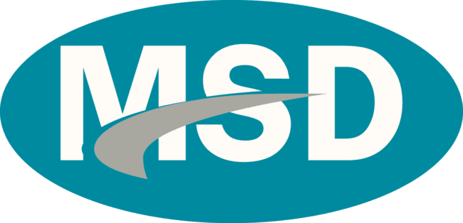 MSD logo in white text on a teal oval background with a grey curved line.