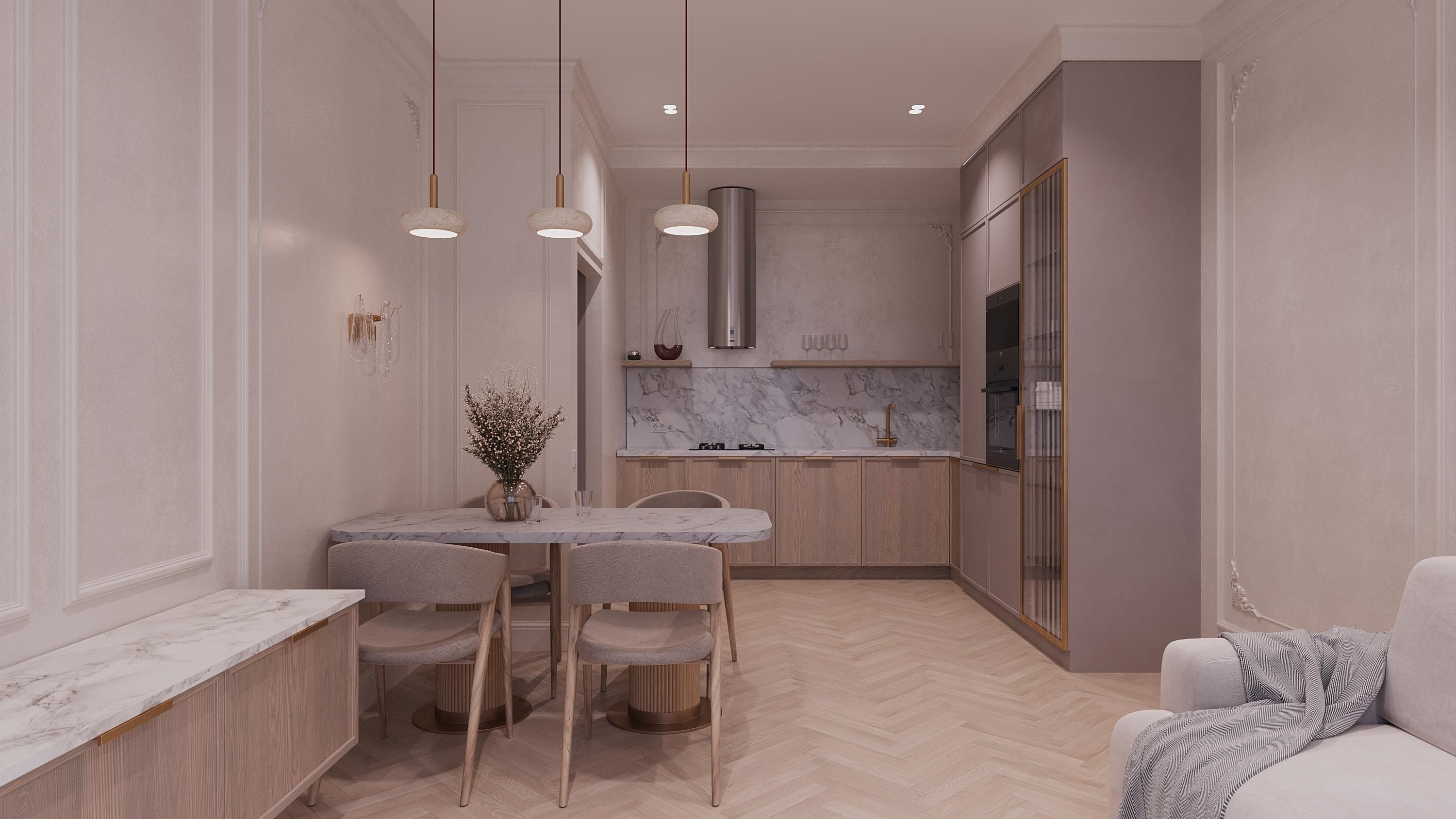 Modern kitchen and dining area with light wood cabinets, marble backsplash, and minimalist decor.