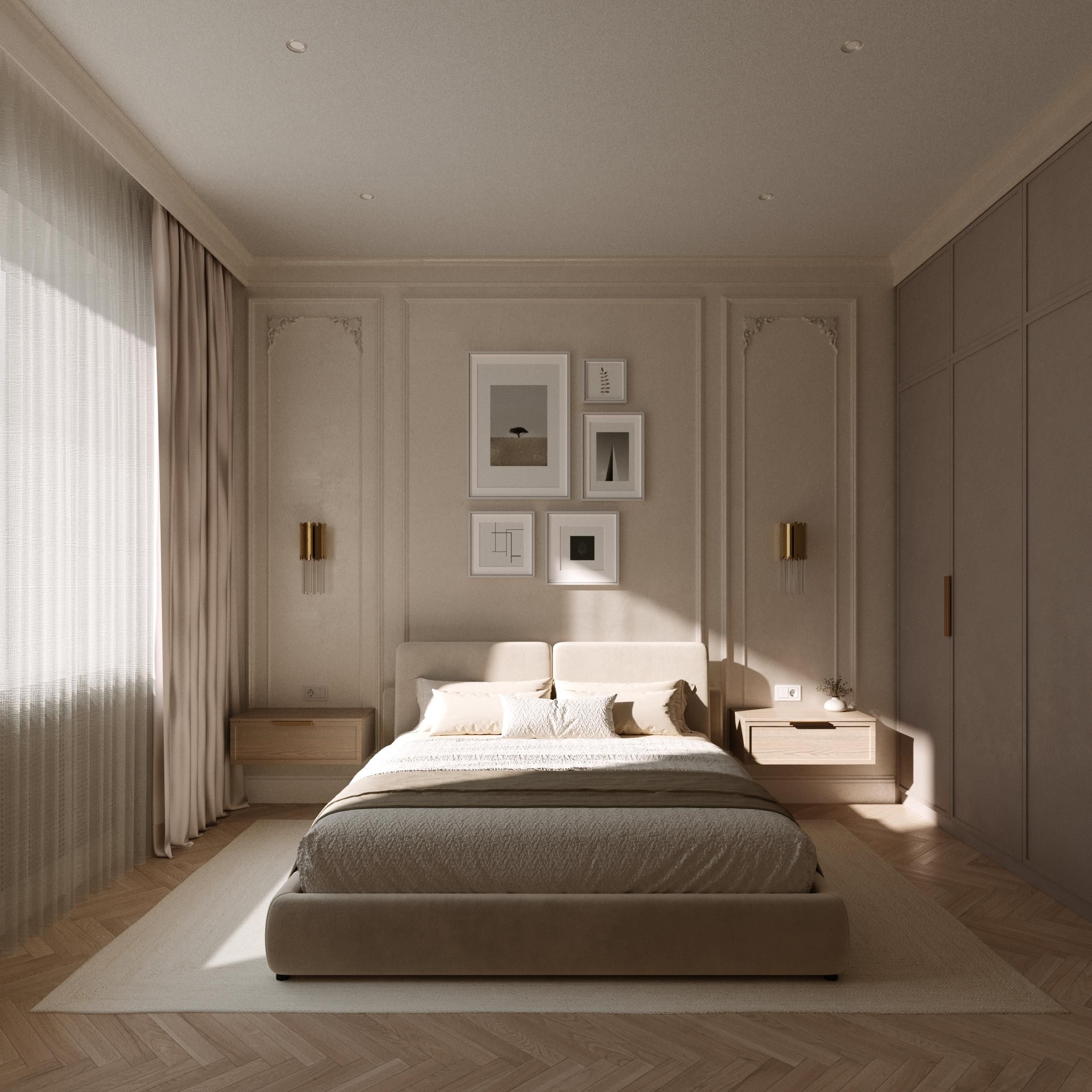 Elegant modern bedroom featuring a large neutral bed, decorative wall, and warm sunlight.