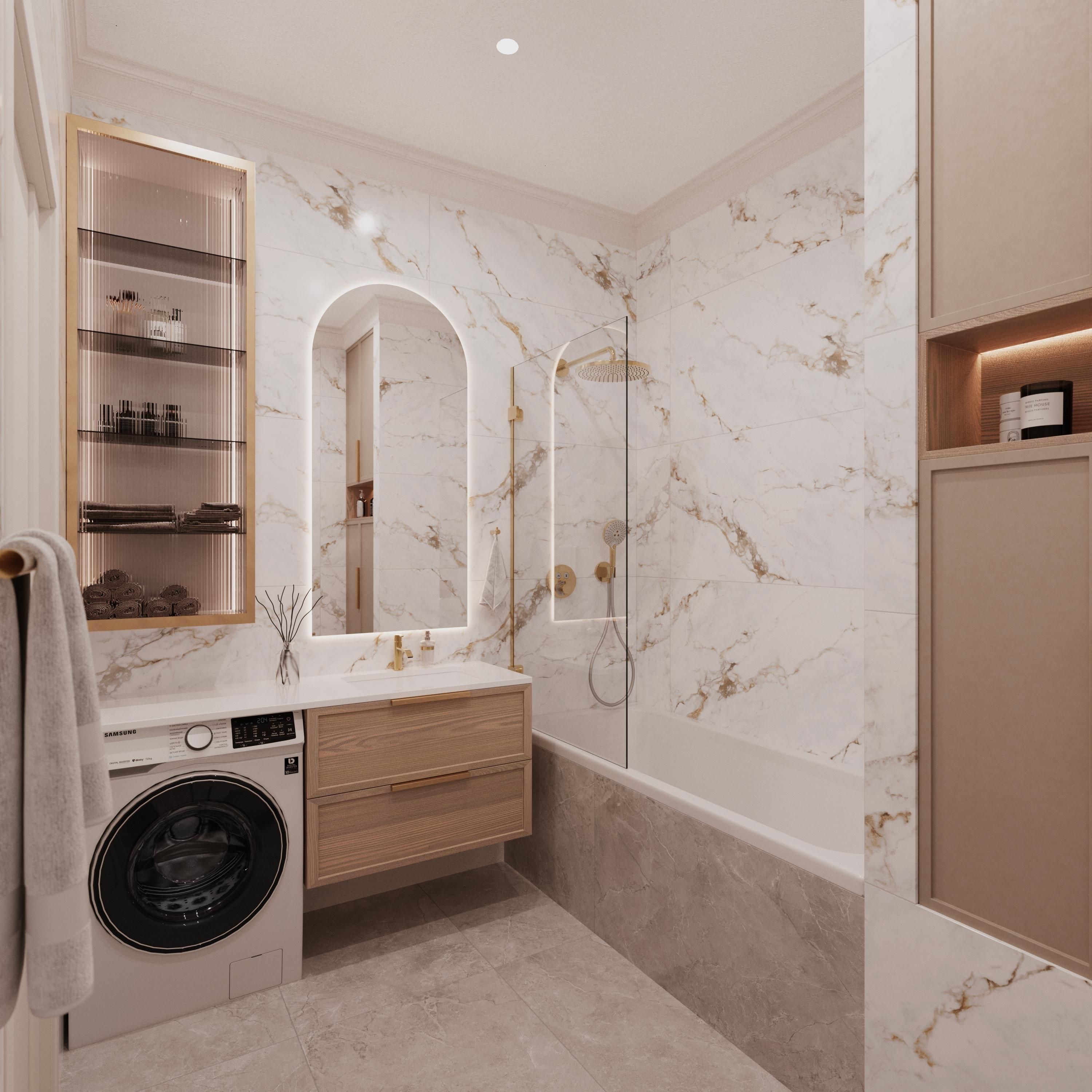 Modern bathroom with marble walls, wooden vanity, washing machine, bathtub, and arched mirror.